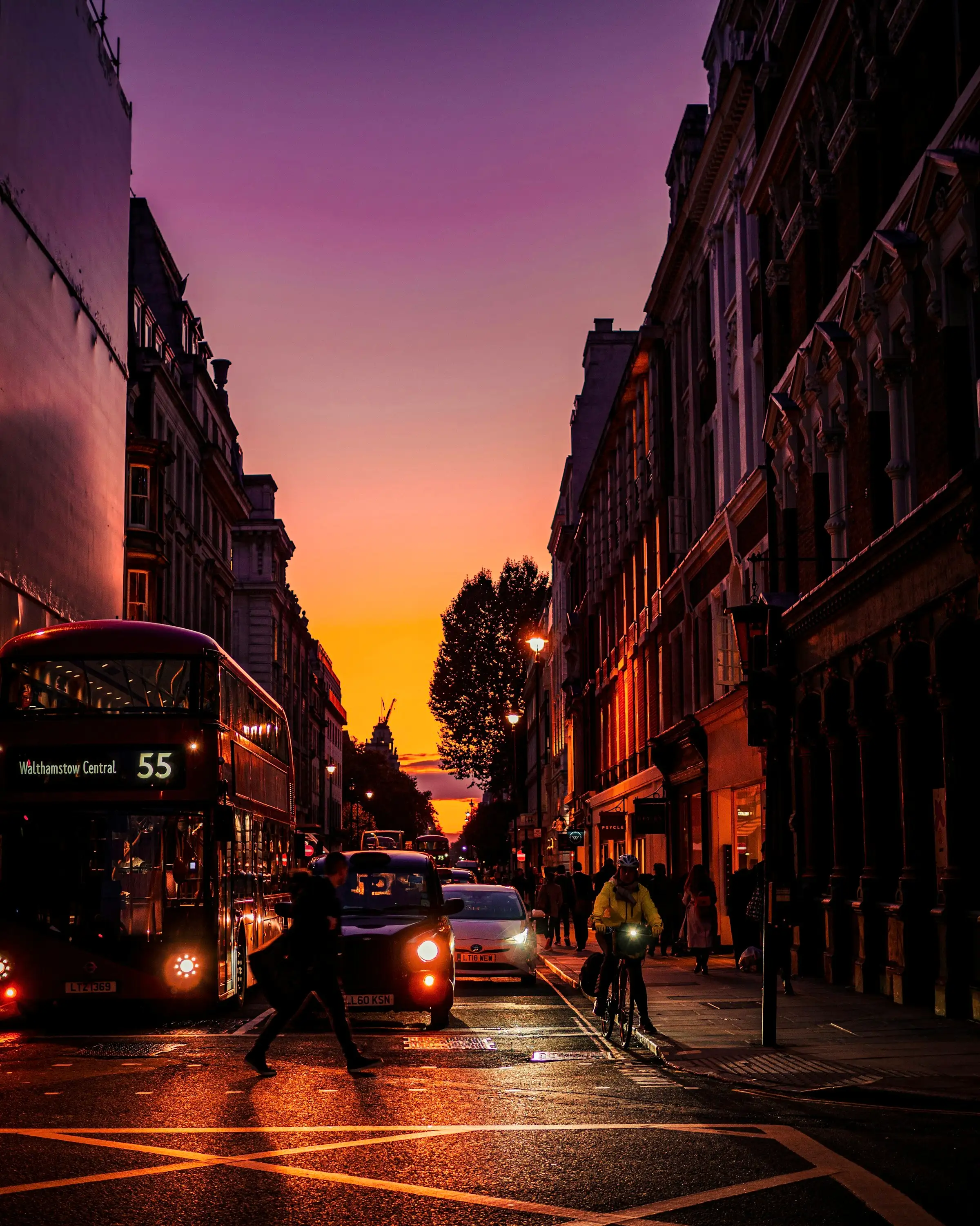An English street of period terraces at dusk