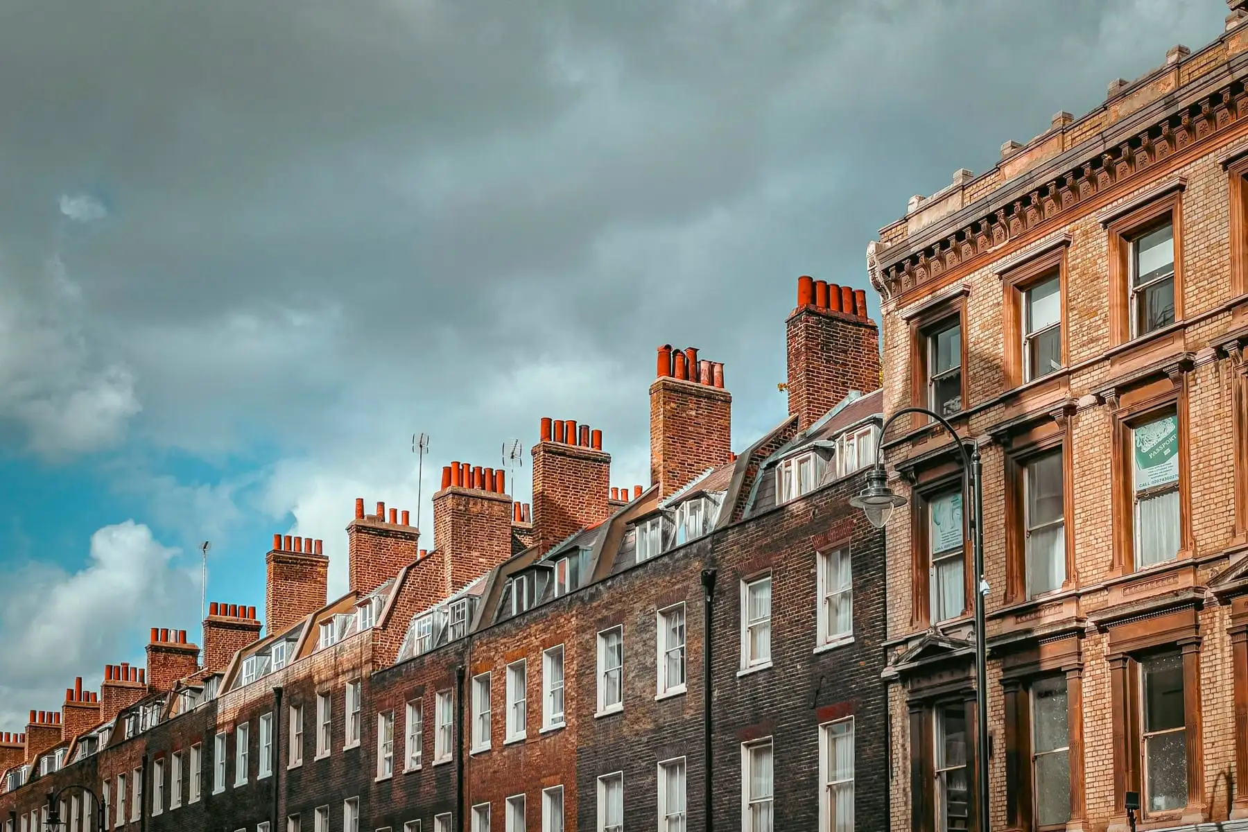 A London brick terrace on a cloudy day
